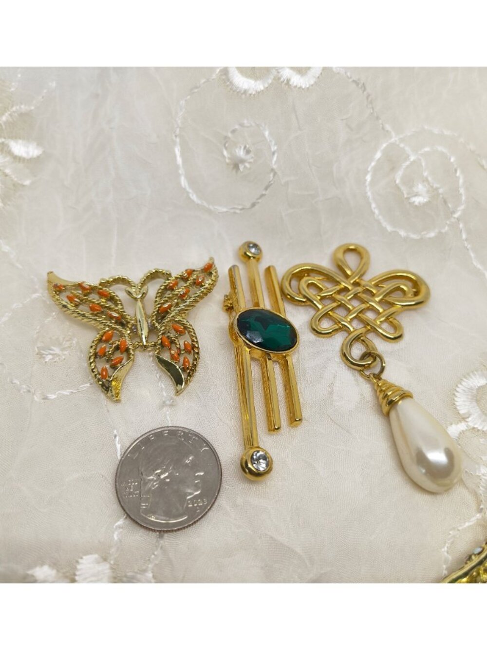 Vintage Gold-Tone Brooch Collection With Butterfly Pearl Drop Aurora Borealis & - Picture 3 of 14